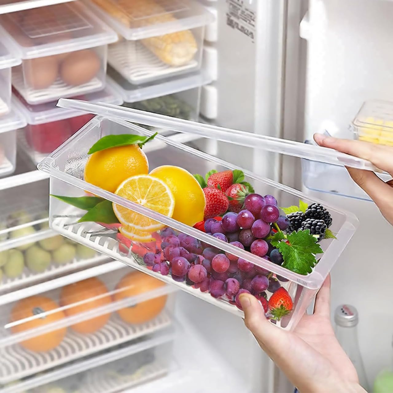 Senego Fridge Storage Boxes (Pack of 6) Plastic Storage Boxes for Kitchen, Fridge Organiser, Food Storage Container Set with Tra